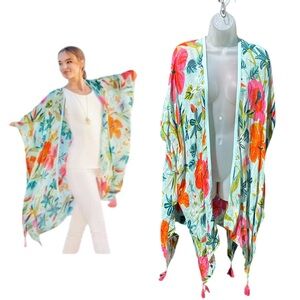 SPARTINA 449 Women OS Colorful Floral Linen Moreland Open Front Kimono Cover Up.